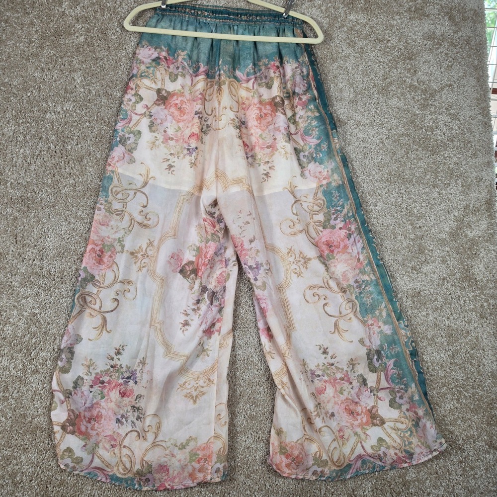 Womens Floral Baroque Wide Leg Palazzo Pants Teal Pink Romantic Boho Drawstring - Picture 7 of 9